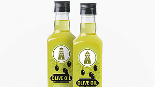 Zwei Olivenöl Flaschen mit Felix Schoeller Logo